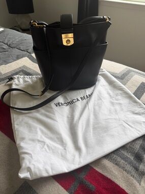 Veronica Beard Black Leather Bucket Shoulder Bag with Gold-Tone Hardware
